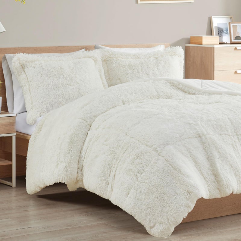 Intelligent Design Malea Shaggy Comforter Set, Long Faux Fur Cozy Down Alternative, Modern Casual Ultra Soft All Season Fluffy Bedding with Matching Sham, King/Cal King, Ivory 3 Piece - Image 1